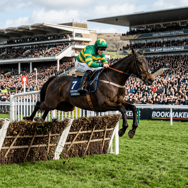 A horse and jockey clearing a fence in front of a packed racing grandstand